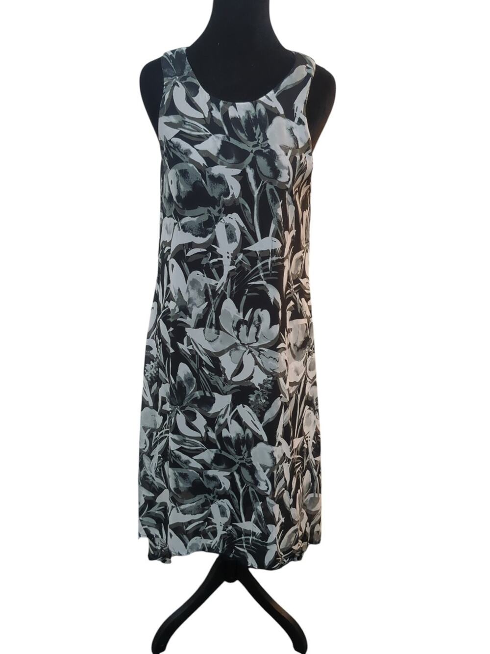 Karen Kane Floral Swing High Low Dress Size Small Black Gray Sleeveless Made USA